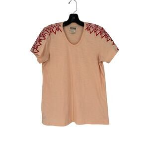 Anthropologie Pepin Embroidered Tee Shirt Peach Boho Chic Beachy Large Cotton